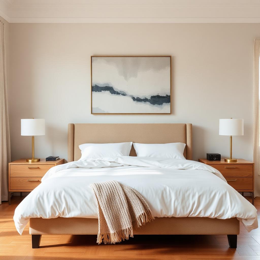Calm modern bedroom with beige upholstered headboard, white duvet, brass lamps, and warm hardwood floor