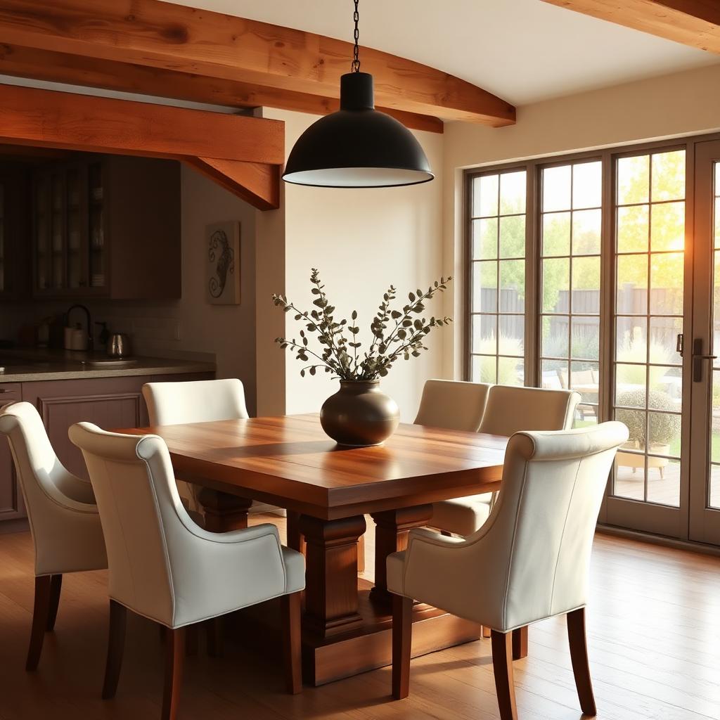 Warm farmhouse dining table with six cream upholstered chairs and a ceramic vase centerpiece