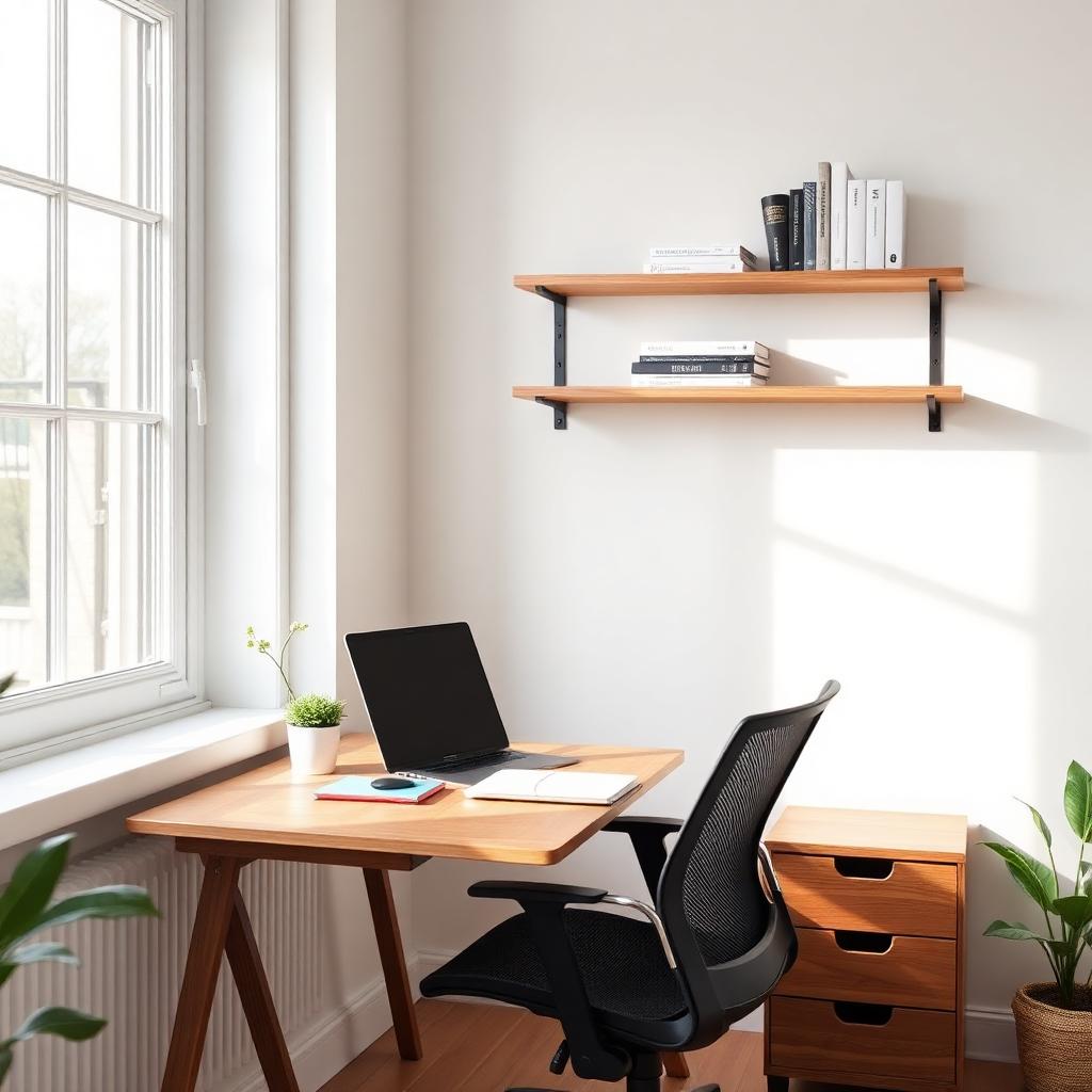 Bright modern home office with walnut writing desk, mesh task chair, and floating wood shelves