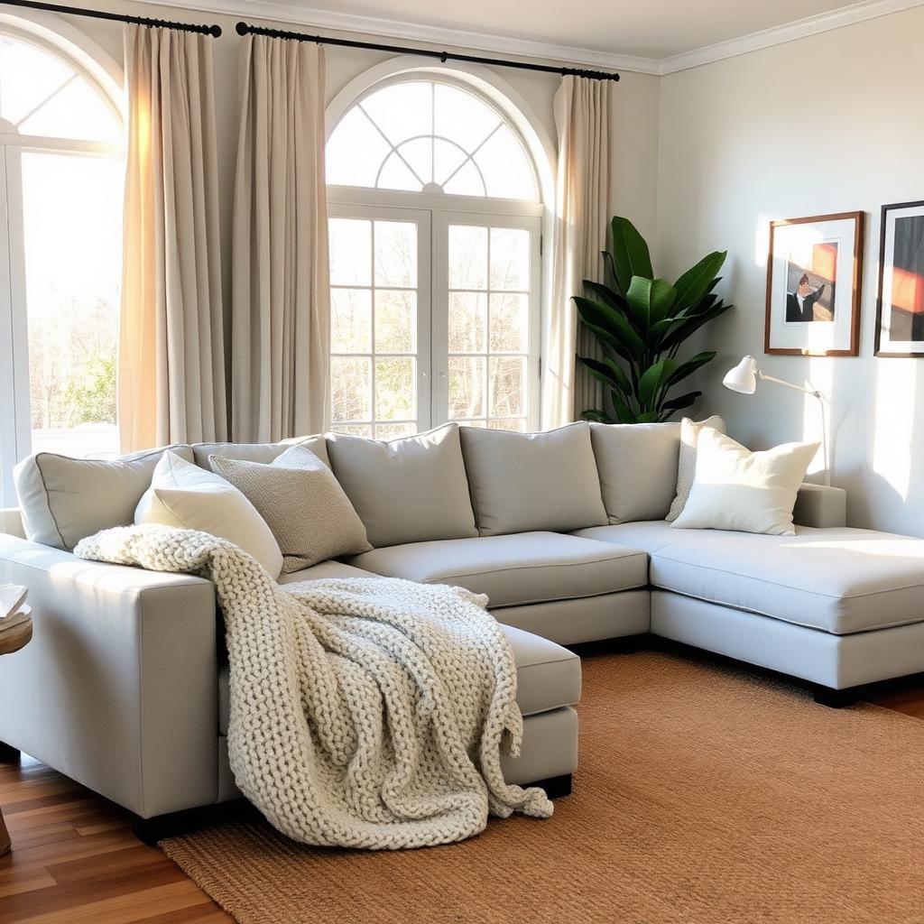 Light gray sectional sofa with chunky knit throw and jute rug in a sunlit Hudson Valley living room