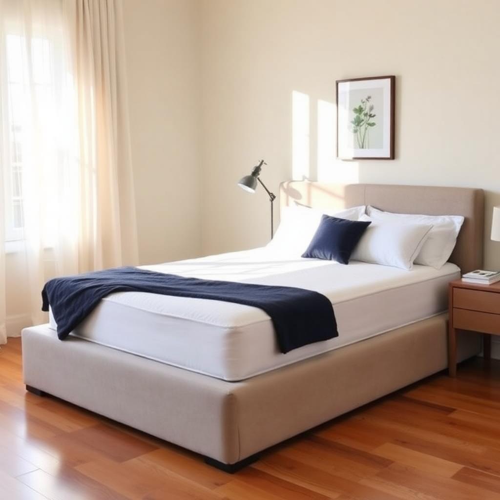 Modern guest bedroom with queen platform bed, white mattress, navy throw, and warm wood floor