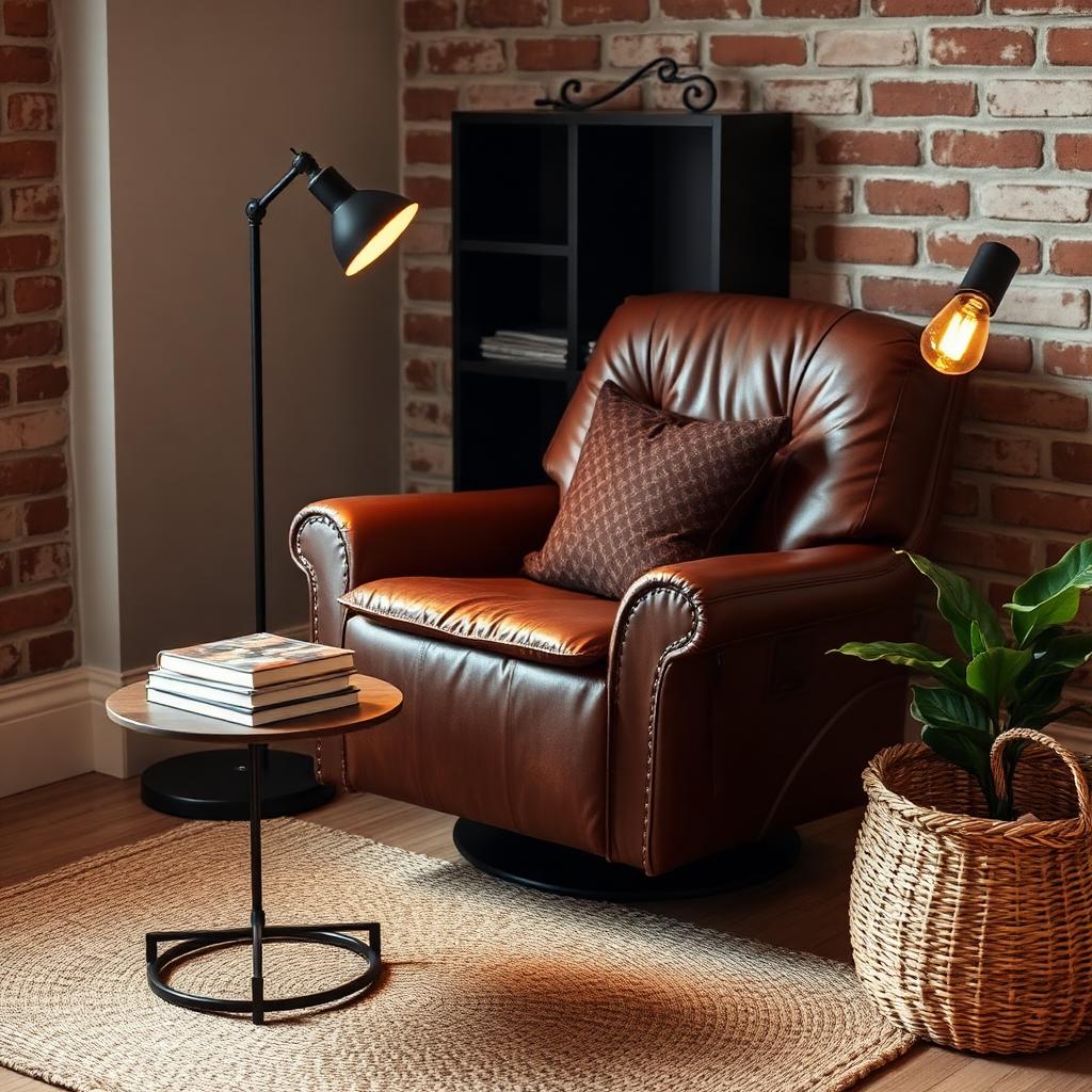 Brown leather power recliner with a side table, books, and floor lamp against an exposed brick wall
