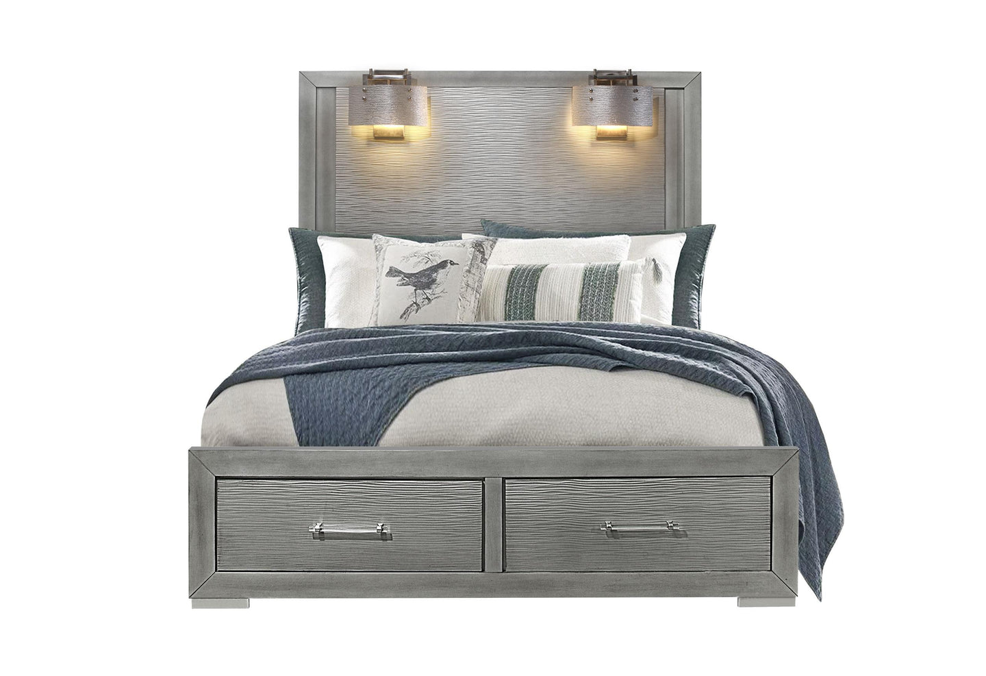 TIFFANY SILVER QUEEN BED WITH LAMPS
