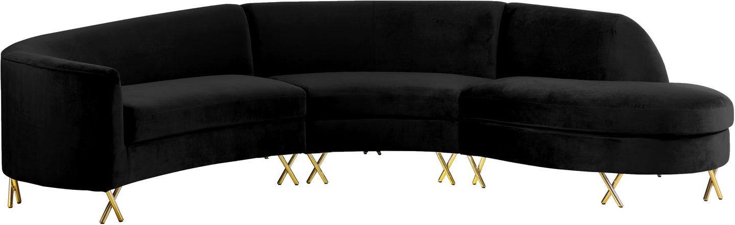 Serpentine Black Velvet 3pc. Sectional